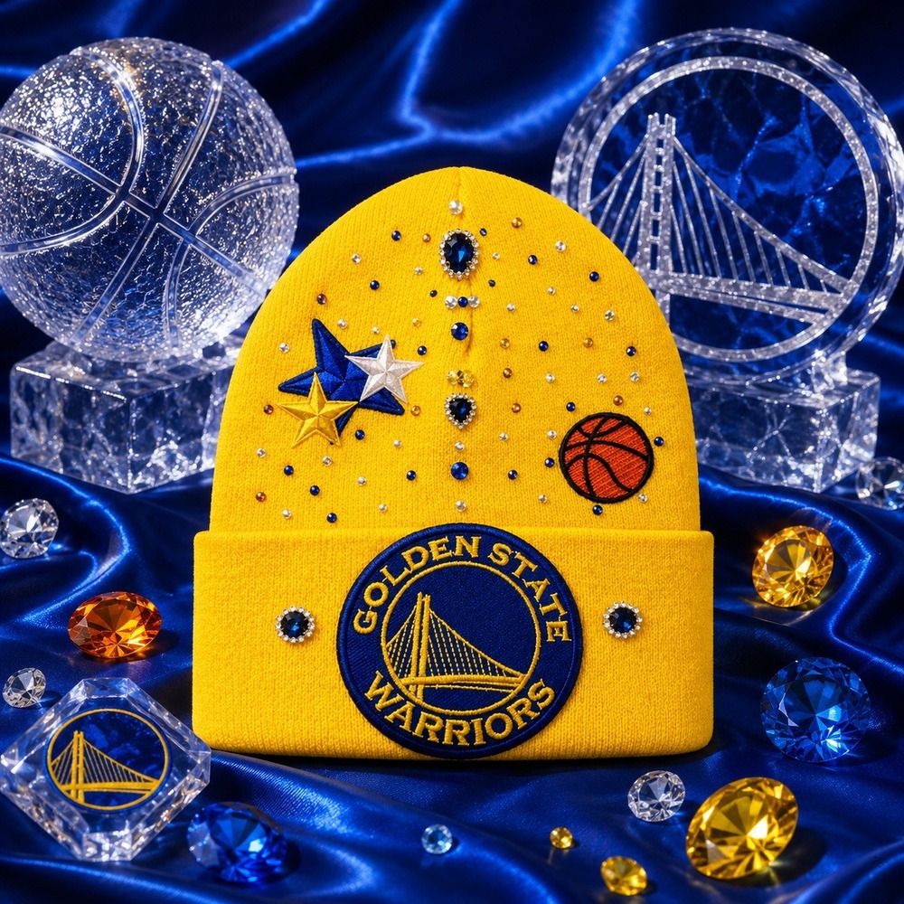 Golden State Warriors yellow Beanie design with logo, star, crystal & basketball